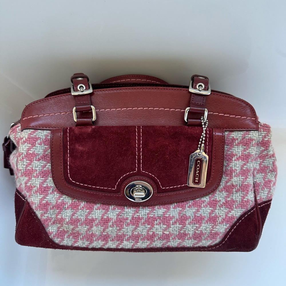 Vintage Coach limited edition wine and pink houndstooth Handbag